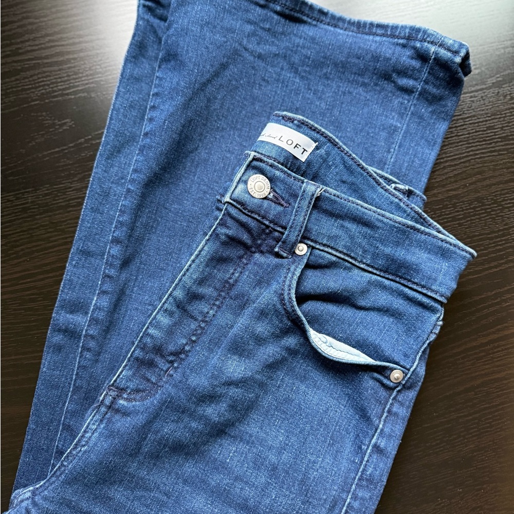 LOFT High Rise Slim Flare Jeans Size 25 Dark Wash Stretch Denim - Picture 8 of 12